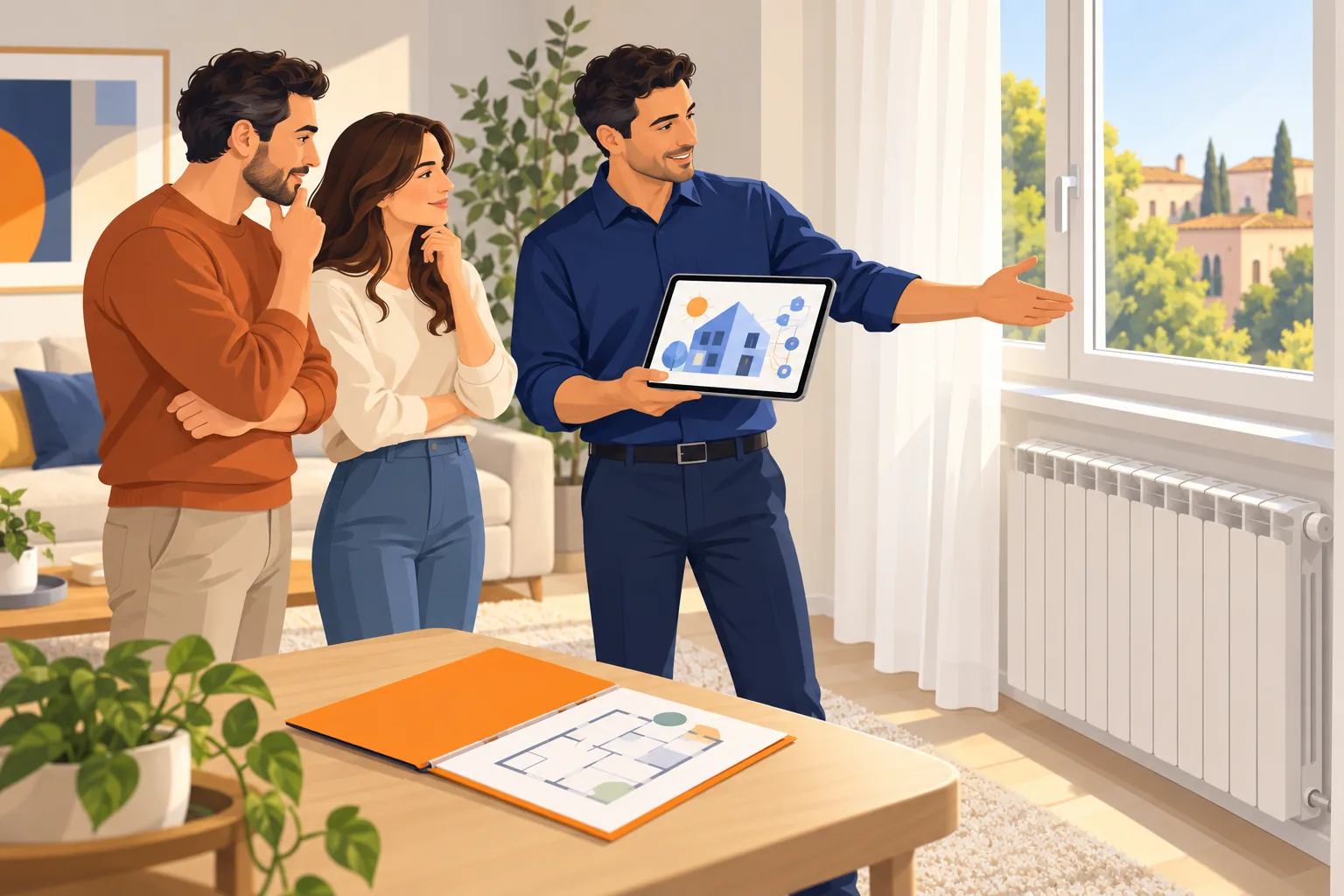 Consulente energetico in divisa blu mostra a una coppia di proprietari una planimetria su tablet in un soggiorno luminoso