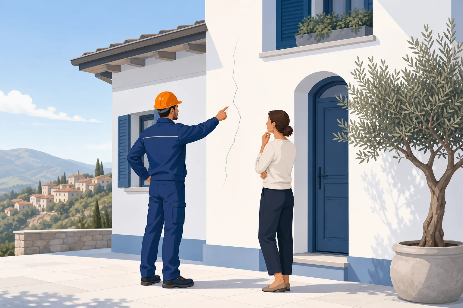 Ingegnere strutturista e proprietaria controllano una crepa sul muro esterno dopo un terremoto