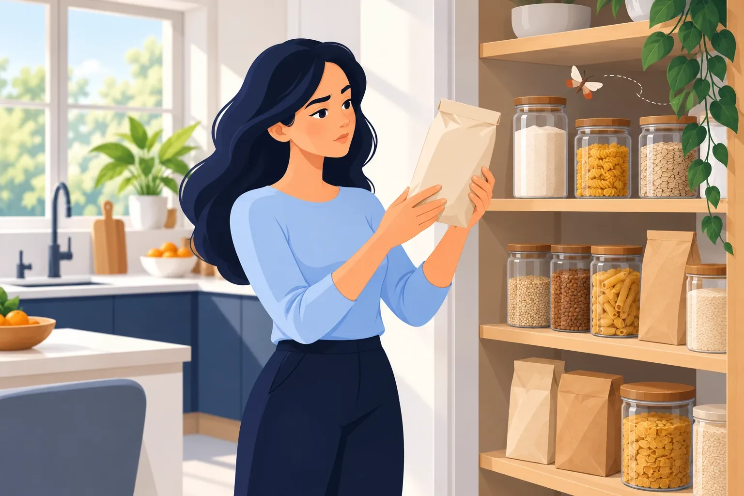 Dispensa di cucina con barattoli ermetici controllata da una donna in cerca di segni di tarme negli alimenti