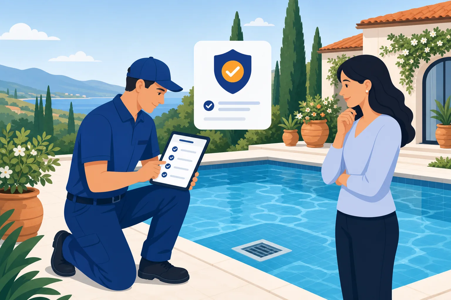 Tecnico che ispeziona l'impianto di una piscina residenziale per verificarne la sicurezza