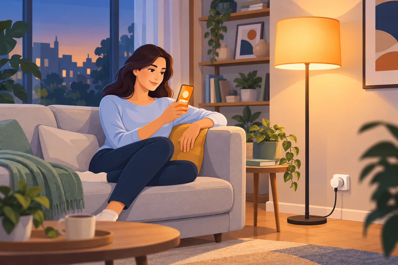 Persona sul divano che accende la lampada con una presa smart collegata al telefono