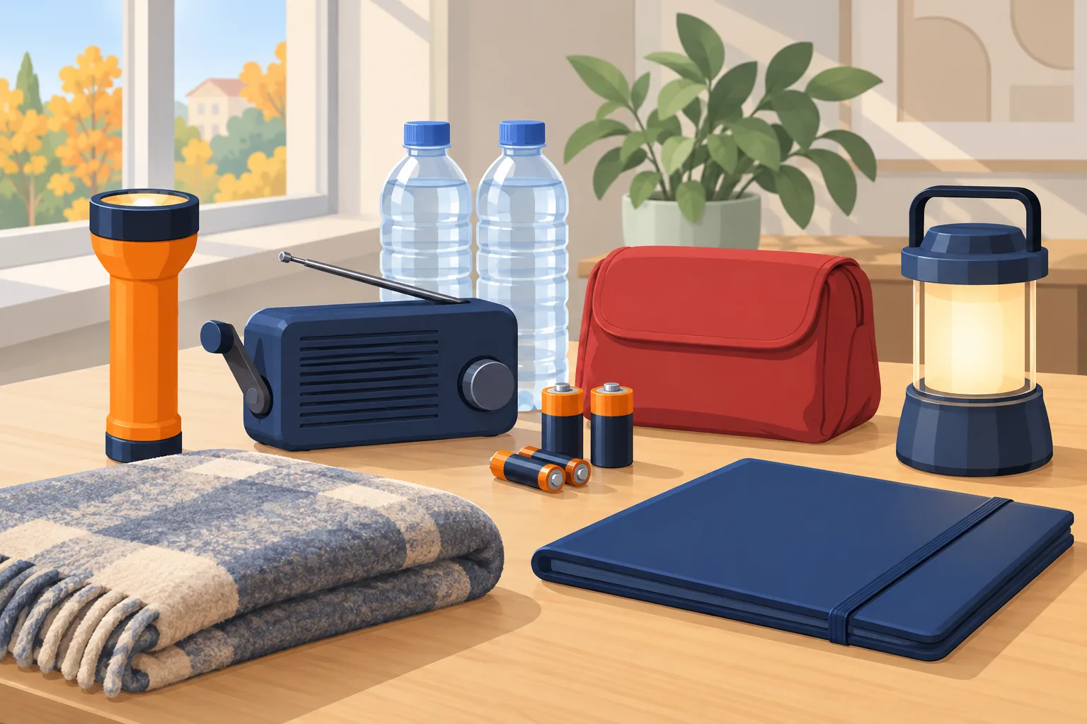 Dotazione del kit di emergenza disposta su un tavolo: torcia, radio a manovella, acqua, pile e coperta