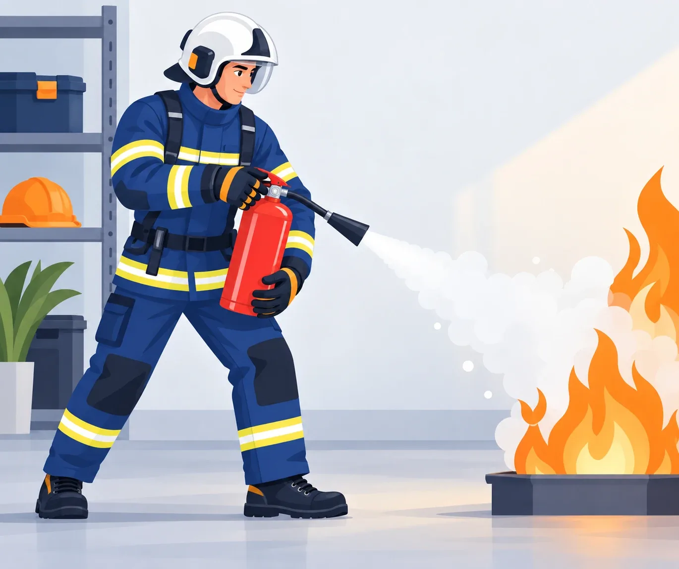 Pompiere che impugna correttamente un estintore con entrambe le mani guantate davanti a un principio d'incendio astratto