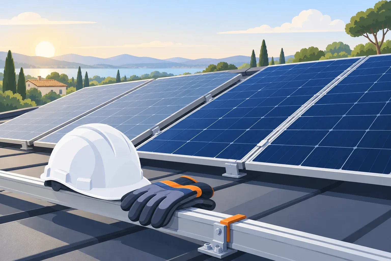 Pannelli fotovoltaici nuovi accanto a pannelli più vecchi sulle guide di montaggio del tetto
