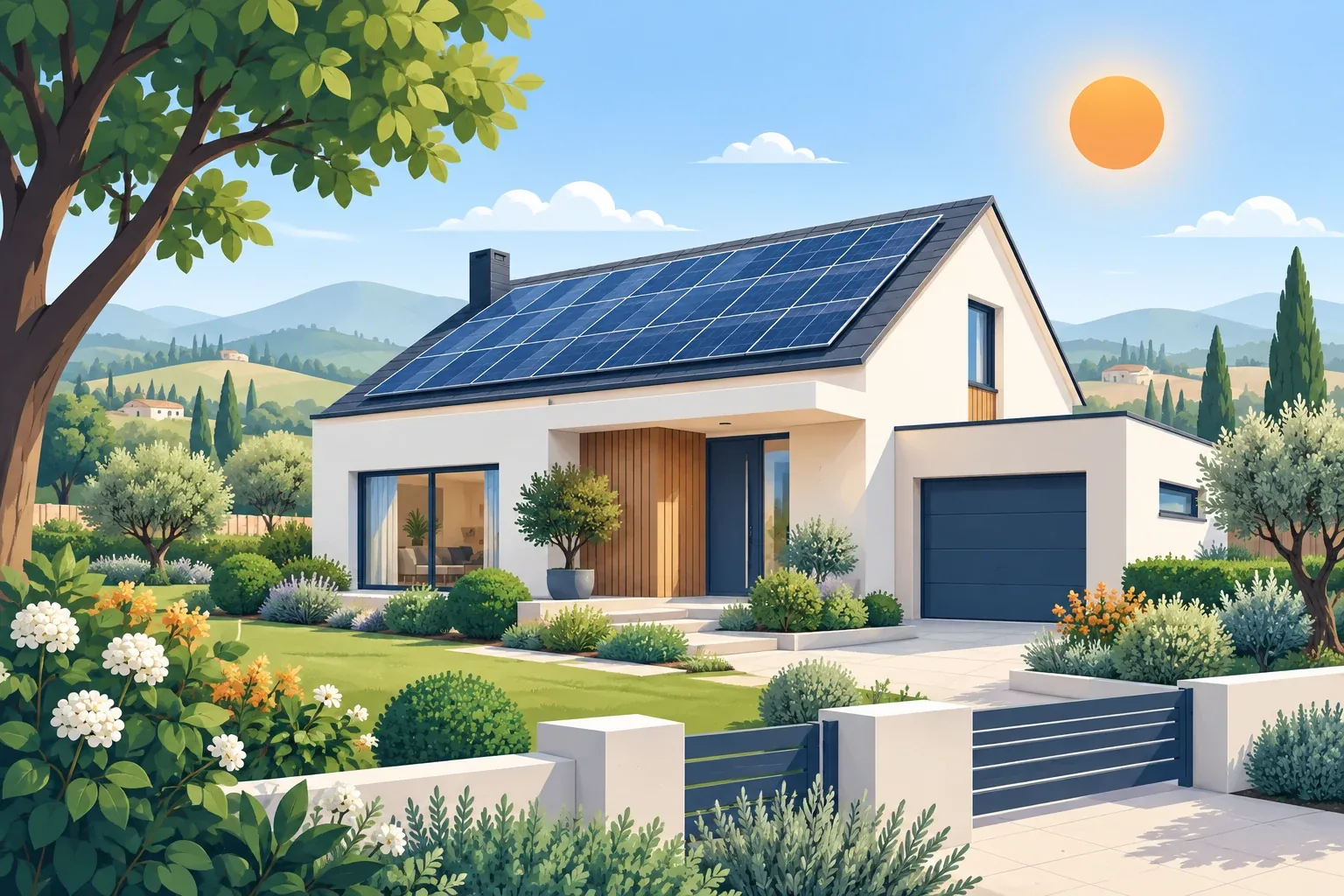 Casa moderna con impianto fotovoltaico sul tetto in una mattina luminosa