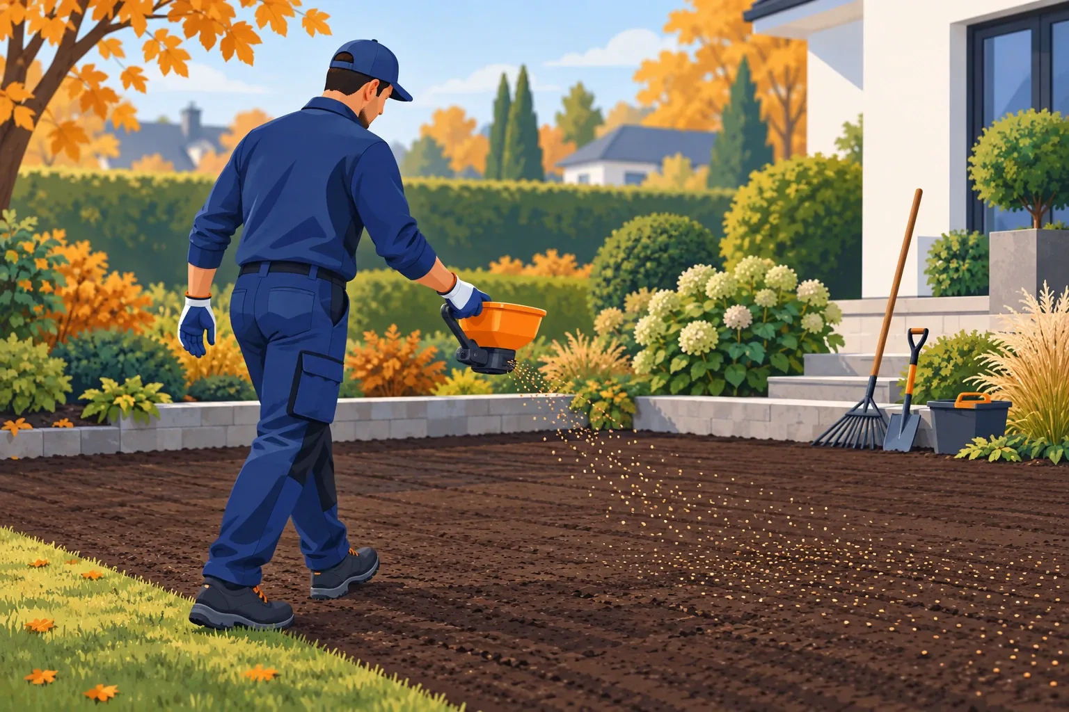 Giardiniere che distribuisce i semi sul terreno preparato per rifare il prato