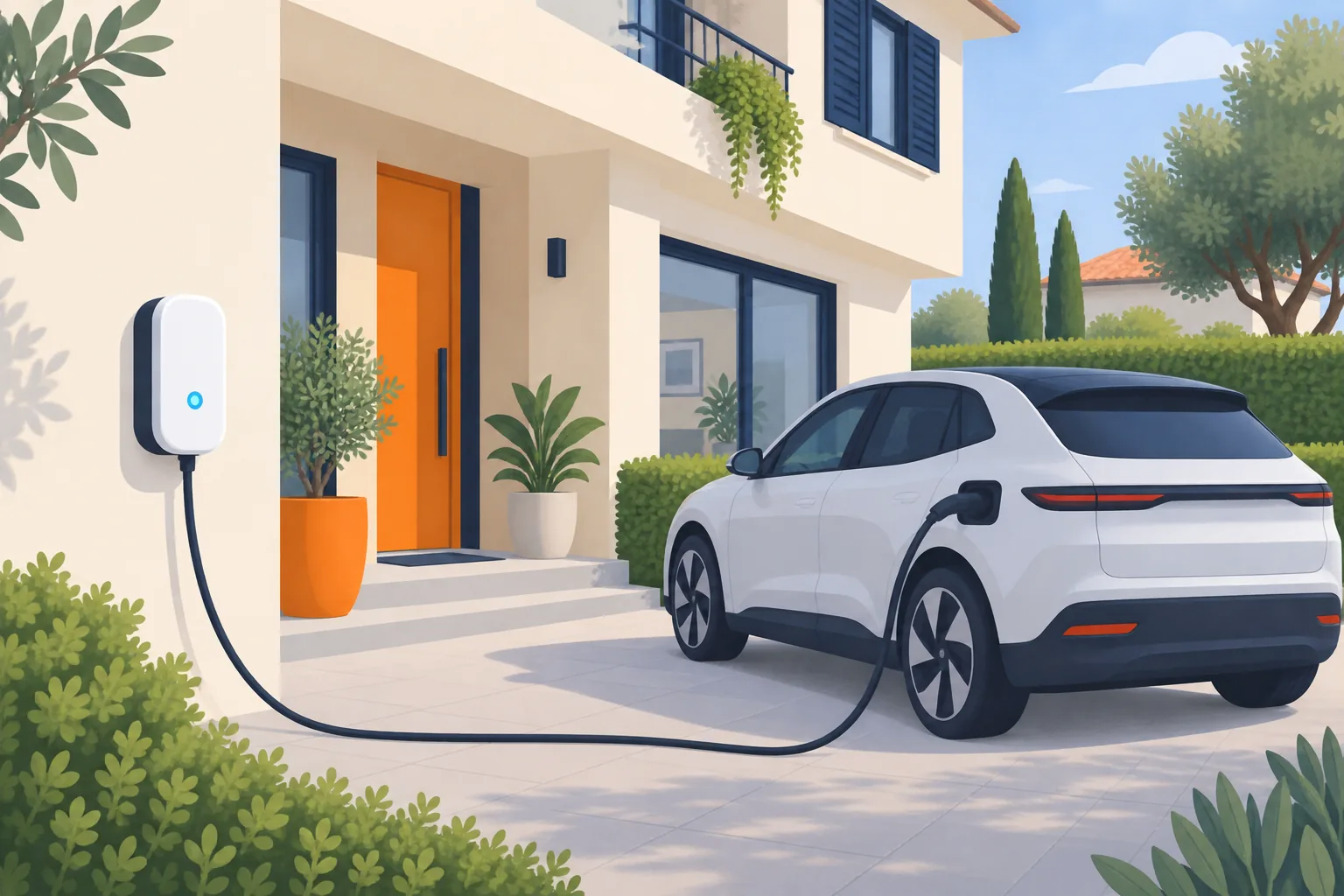 Auto elettrica in ricarica alla wallbox installata sul muro di una casa moderna