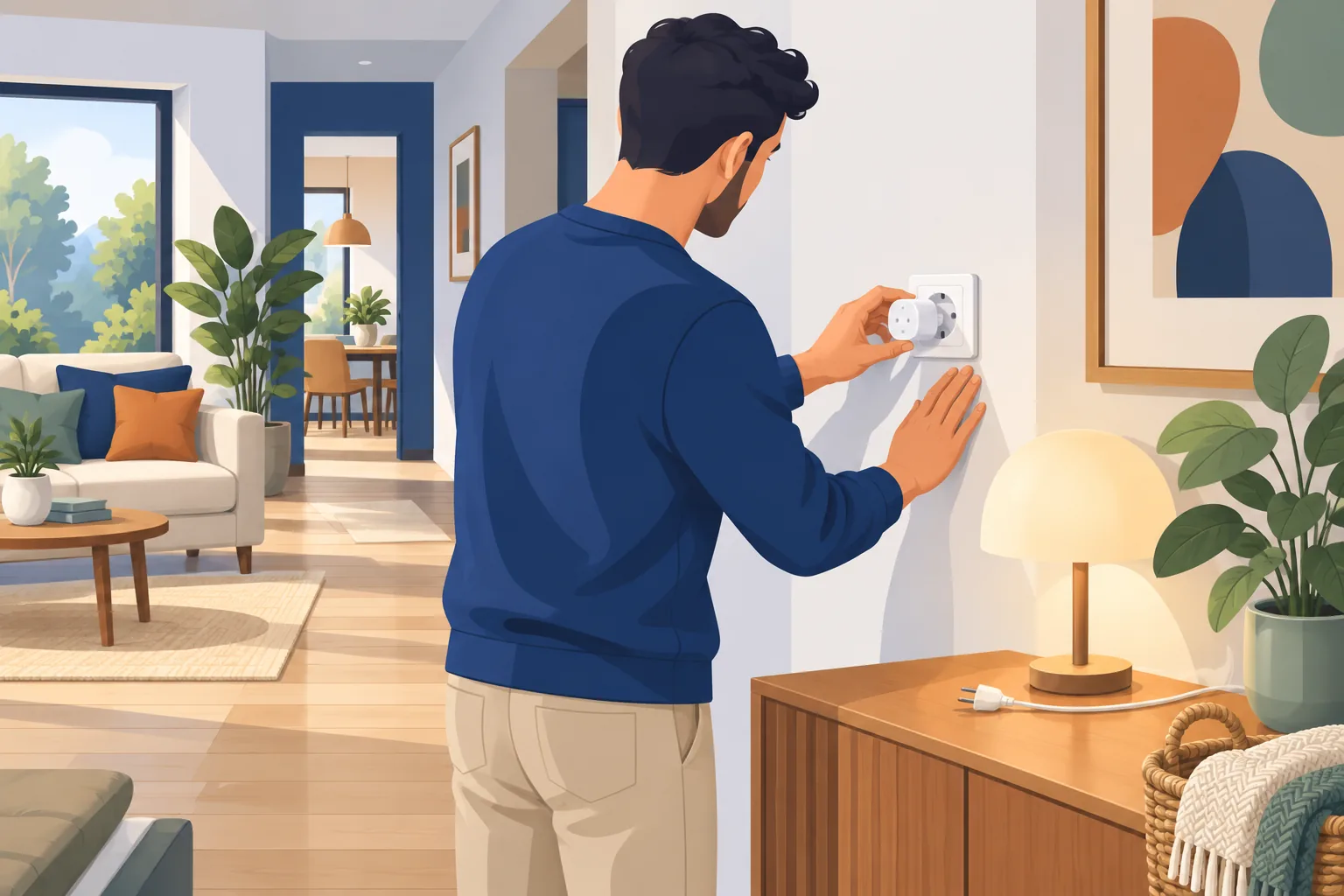 Uomo che inserisce una presa smart nella presa a muro accanto a una lampada da tavolo