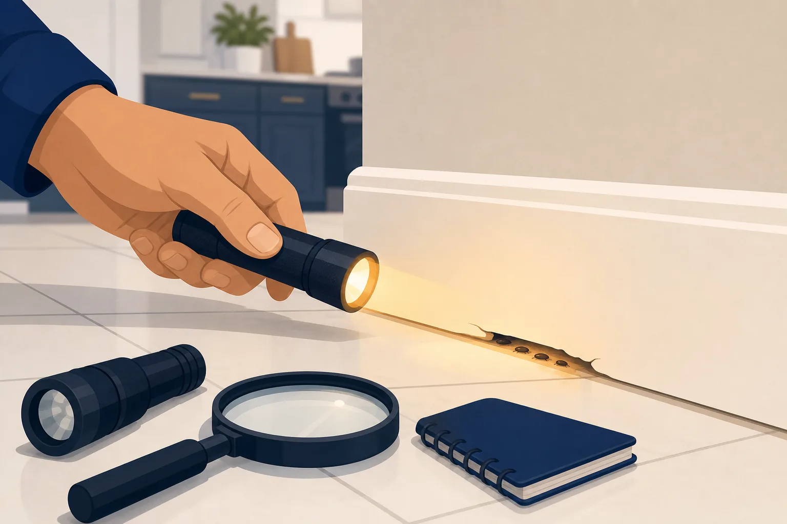 Torcia che illumina un piccolo varco nel battiscopa con scarafaggi stilizzati visibili nella fessura