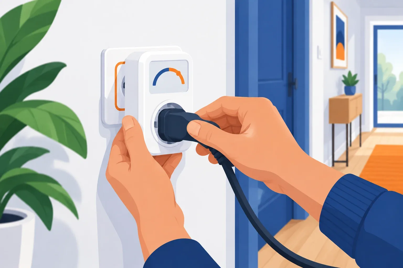 Mani che inseriscono un misuratore dei consumi elettrici tra la presa a muro e la spina di un elettrodomestico