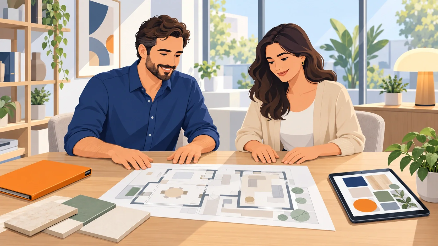 Architetto e proprietaria esaminano la planimetria di un progetto abitativo in ufficio