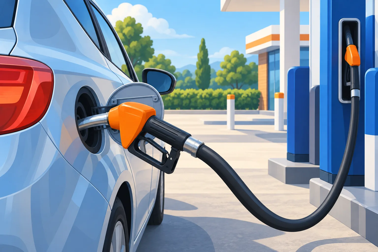Pistola del gasolio inserita nel bocchettone di rifornimento di un'auto compatta