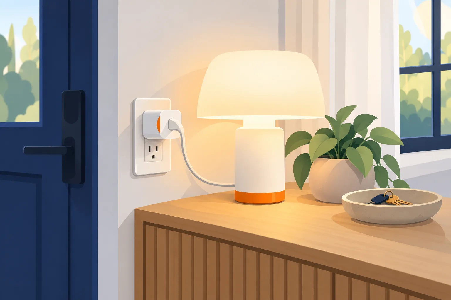 Presa smart inserita nella presa a muro con una lampada da tavolo accesa sul mobile dell'ingresso