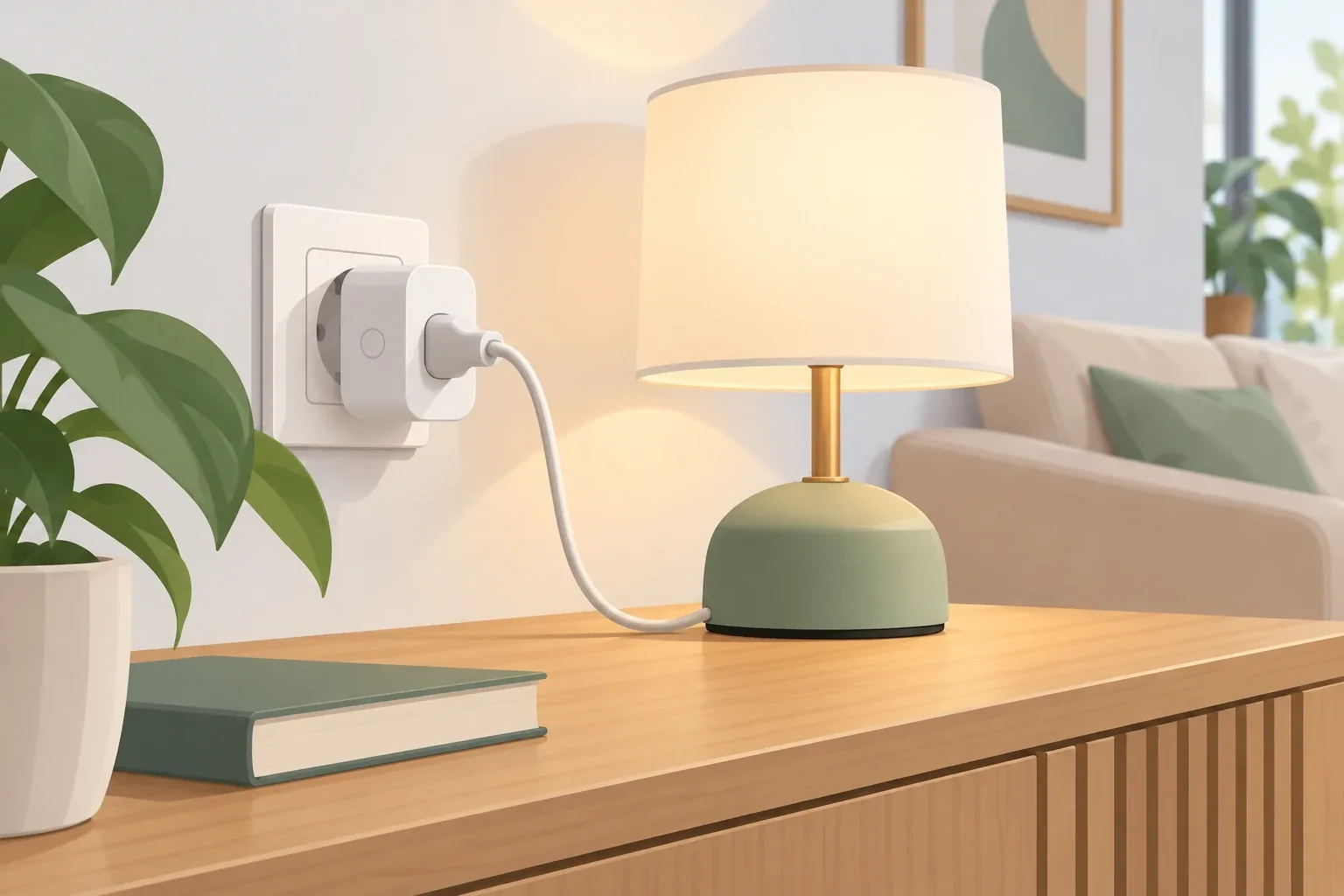 Presa smart inserita in una presa a muro con una lampada da tavolo collegata