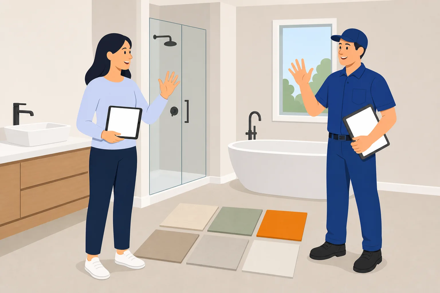 Donna con tablet che parla con un professionista in divisa blu in un bagno in ristrutturazione con campioni di piastrelle