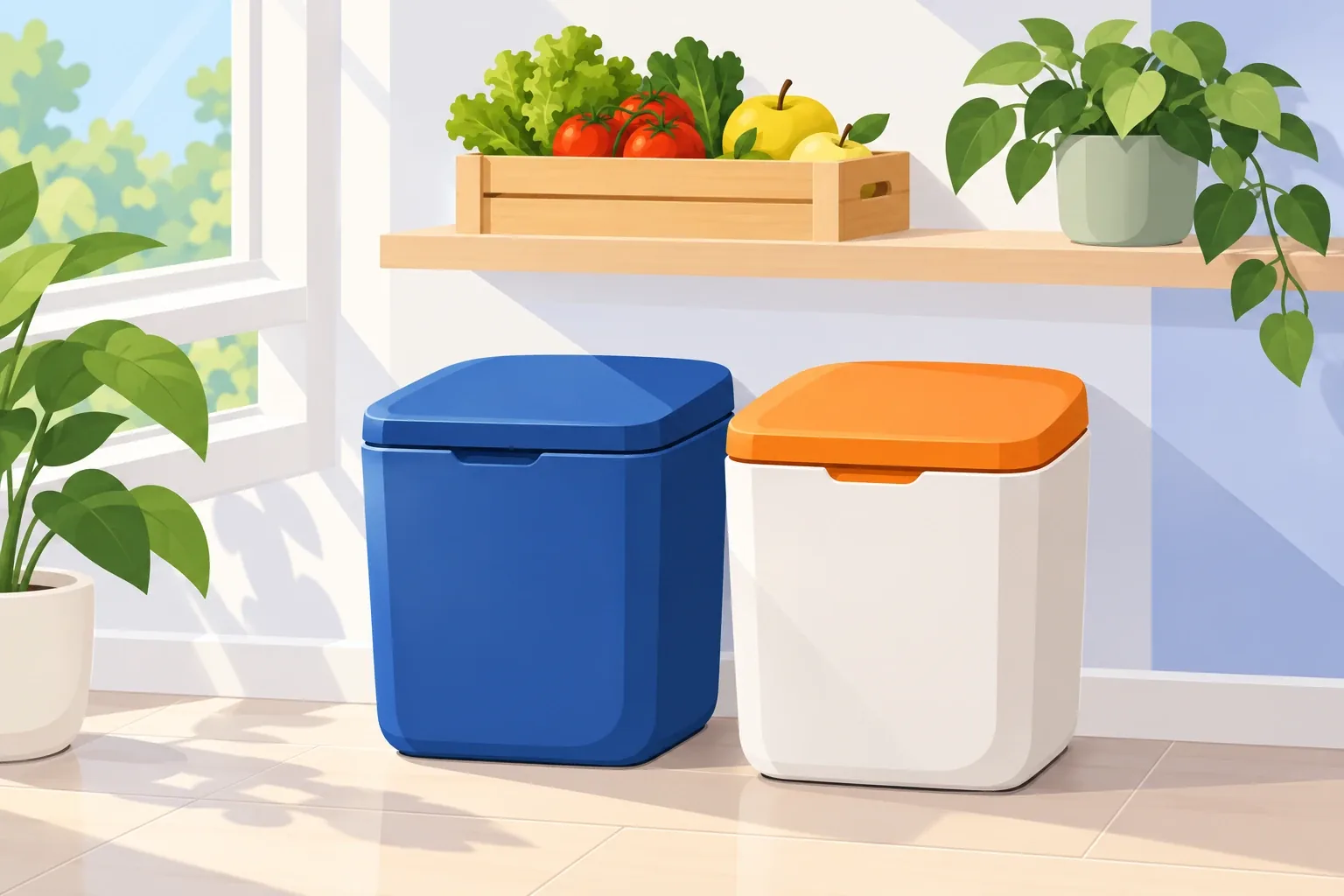 Due bidoni per la raccolta differenziata in un angolo cucina luminoso, con una cassetta di ortaggi freschi sullo scaffale