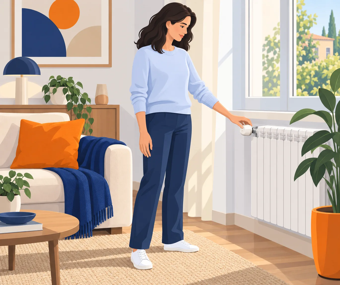 Donna che regola la valvola termostatica del termosifone nel soggiorno di casa