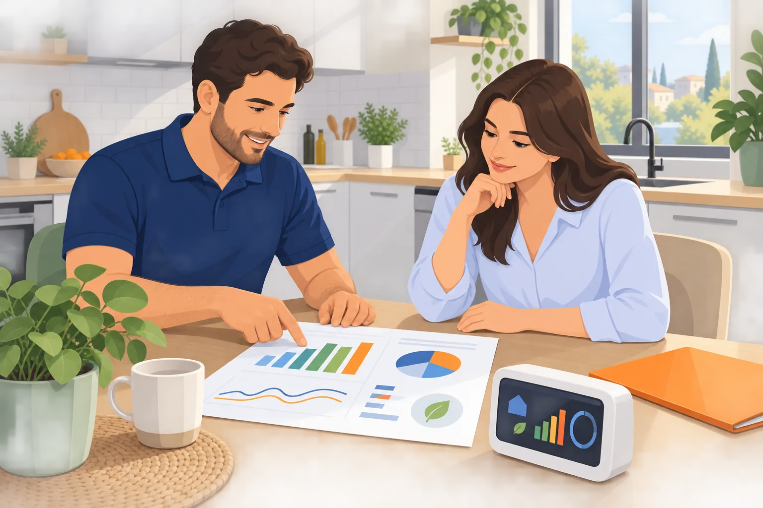 Tecnico e proprietaria esaminano al tavolo un report energetico e un misuratore dei consumi elettrici.