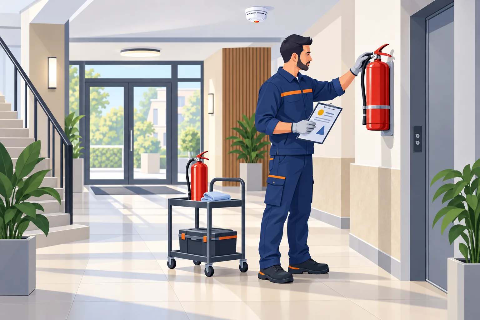 Tecnico manutentore antincendio in divisa blu controlla un estintore a muro in un atrio condominiale luminoso