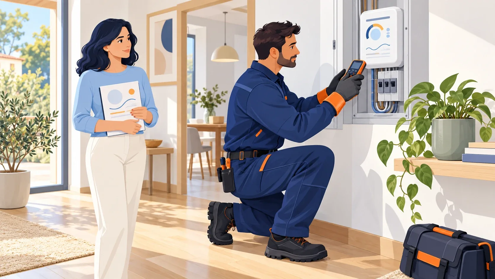Tecnico che verifica il quadro elettrico di casa con la proprietaria accanto