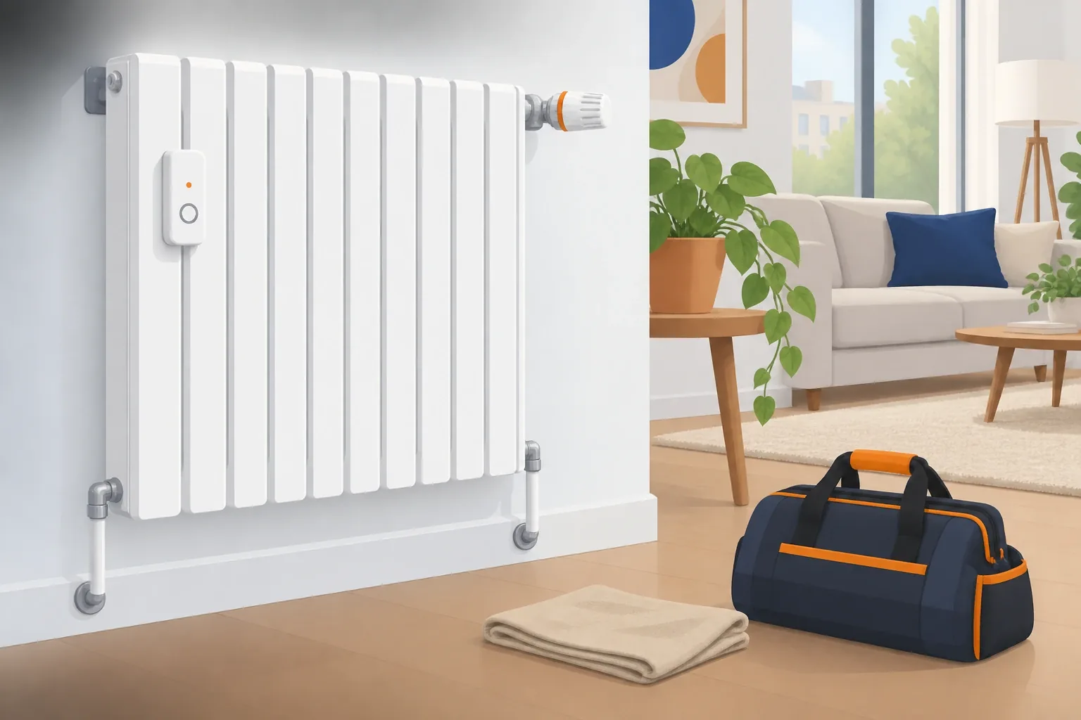 Termosifone bianco con dispositivo di contabilizzazione e valvola termostatica e tubi di collegamento visibili, in un soggiorno luminoso