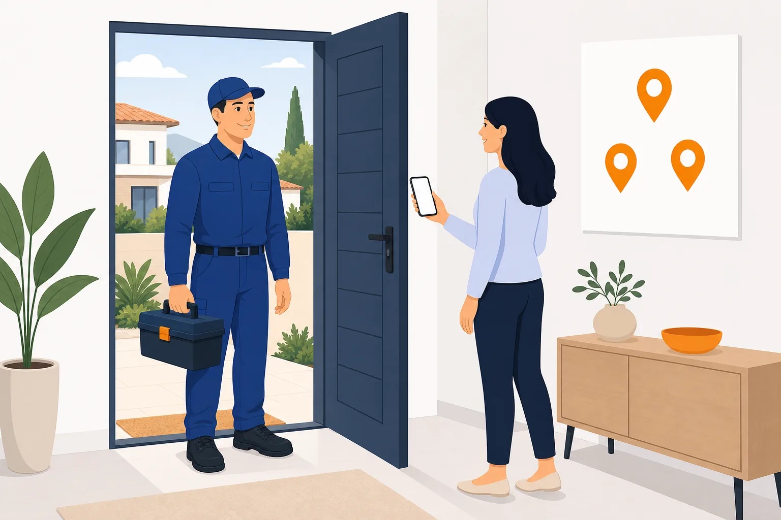 Professionista in divisa blu accolto alla porta di casa da una donna con lo smartphone, con icone di posizione sulla parete