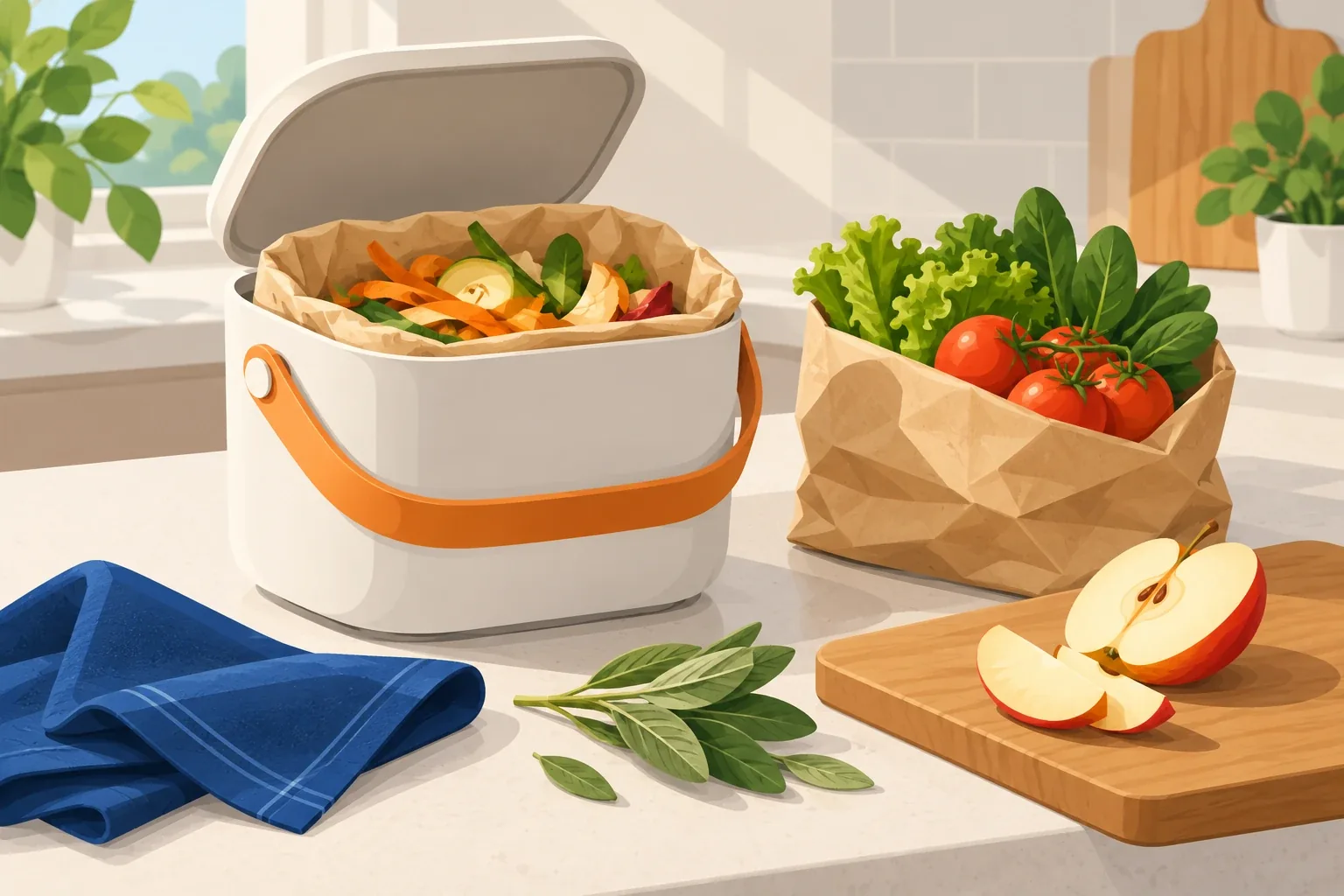 Contenitore per l'umido con sacchetto compostabile e borsa di ortaggi sul piano della cucina