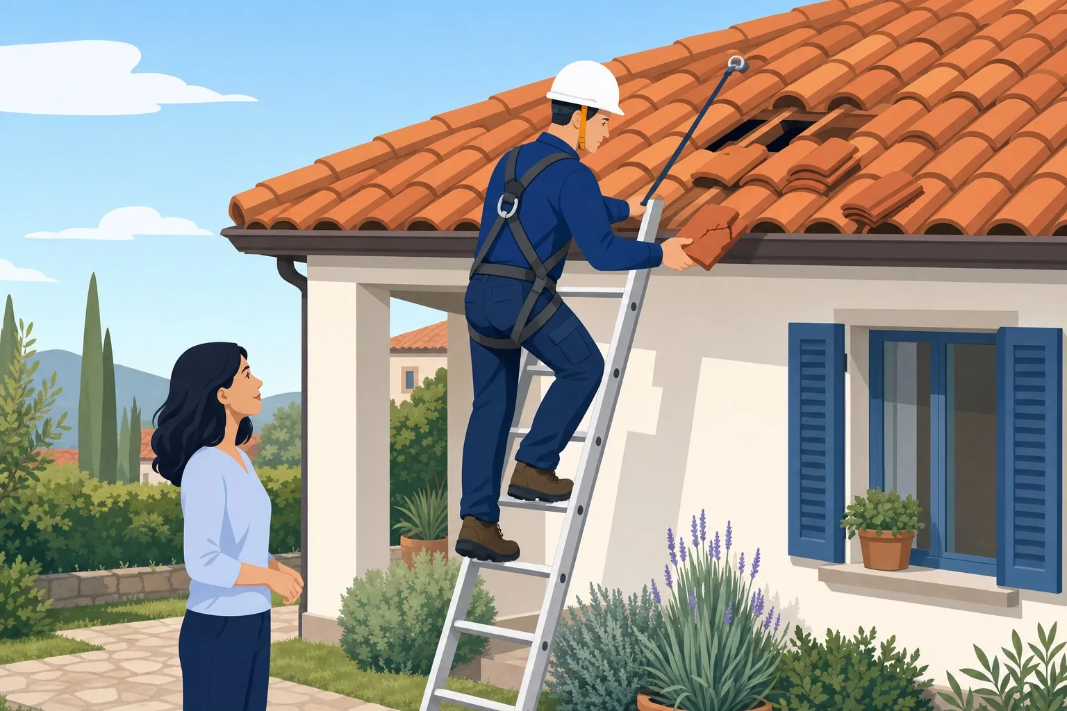 Professionista con casco e imbracatura che ispeziona tegole su scala fronteggiando la scala, con proprietaria a distanza di sicurezza