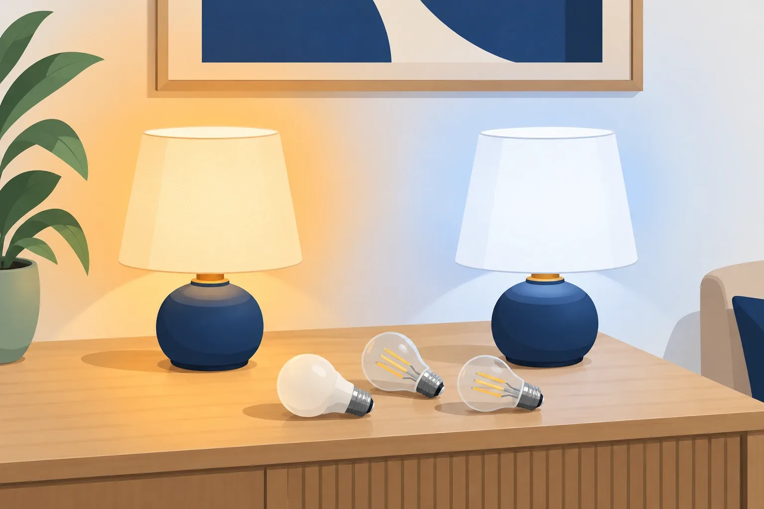 Due lampade da tavolo con luce calda e luce fredda e lampadine LED appoggiate sul mobile