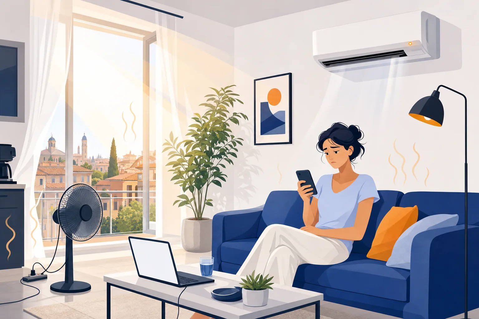 Donna che monitora il consumo elettrico domestico durante un'ondata di caldo estivo