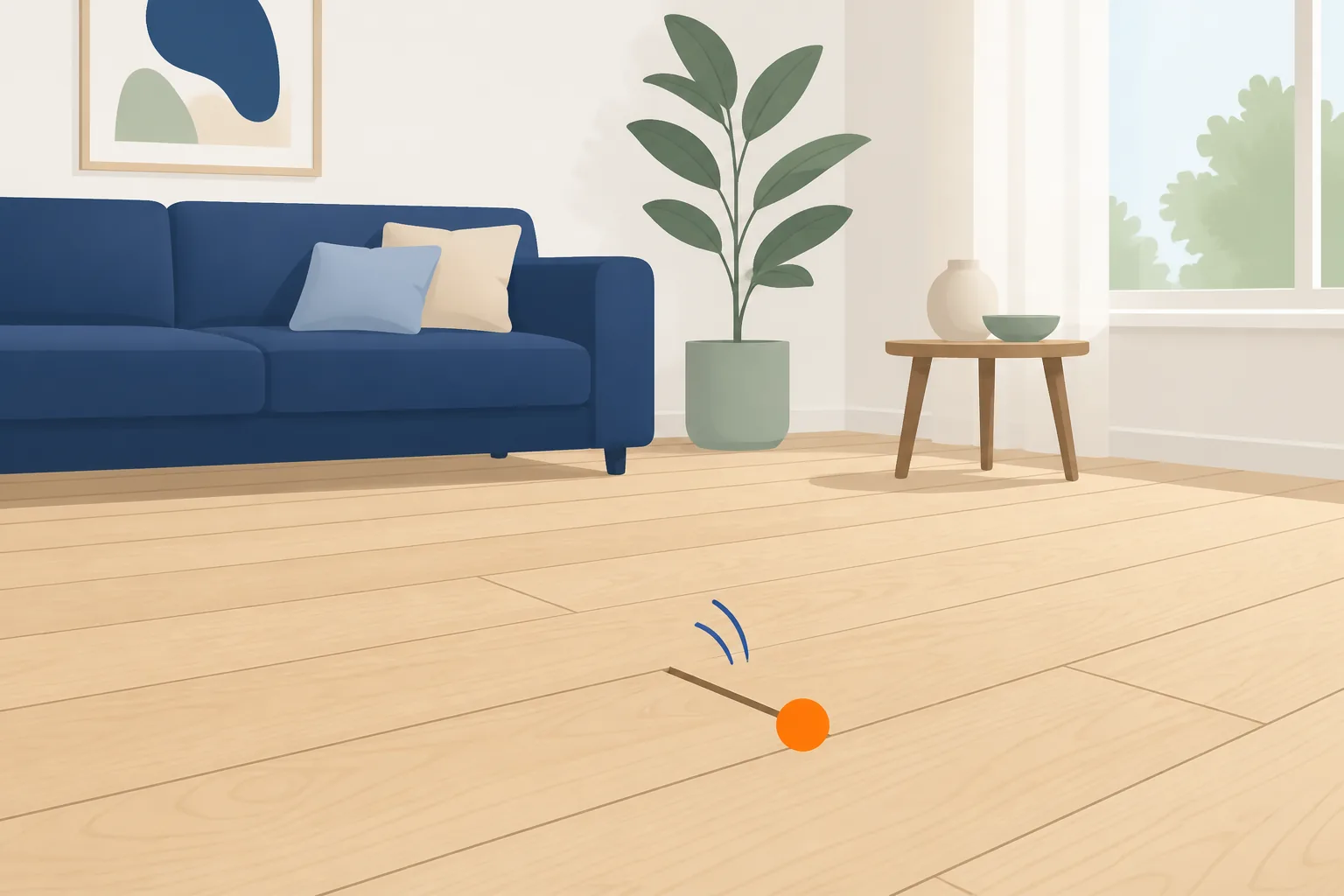 Punto del parquet che scricchiola segnato in un soggiorno ordinato