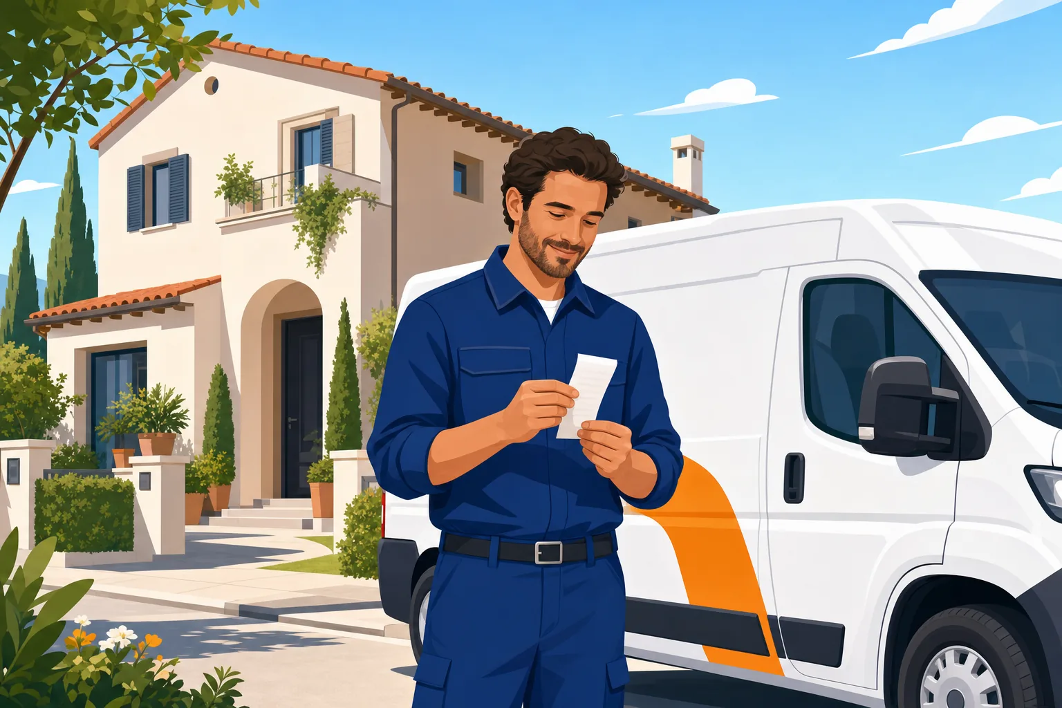 Professionista sorridente accanto al furgone dopo rifornimento con costi ridotti
