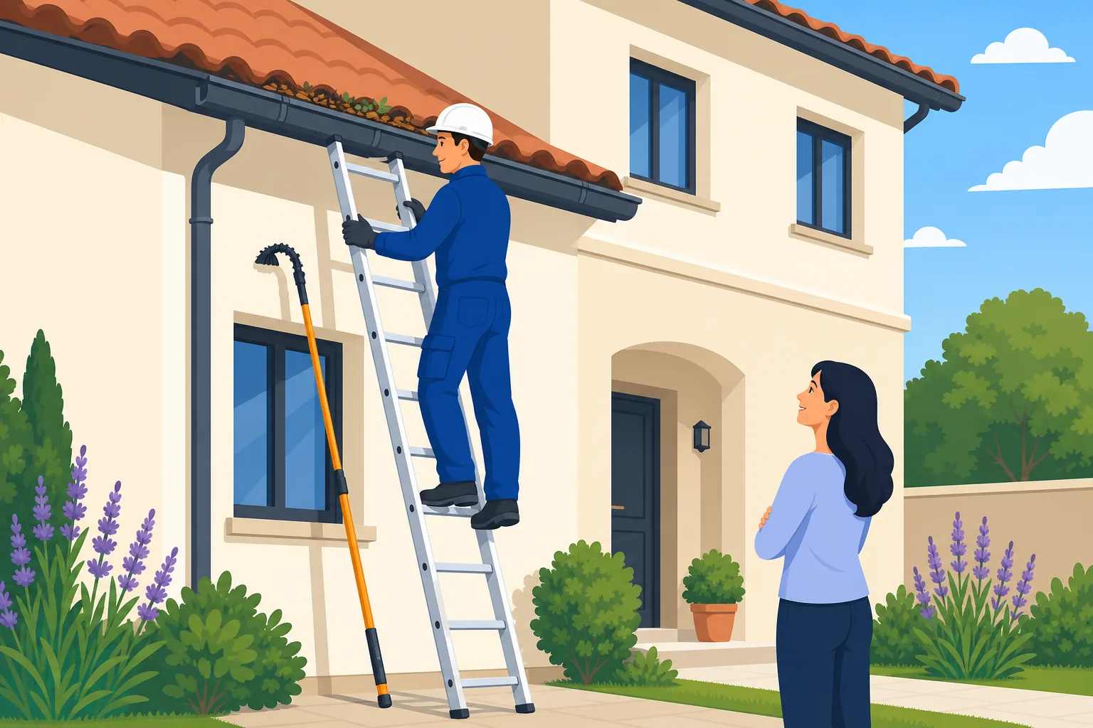 Professionista che pulisce le grondaie in sicurezza su una scala