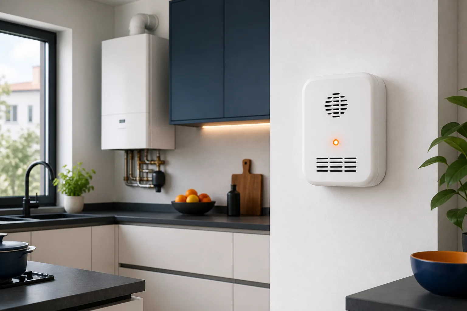Rilevatore di gas e monossido montato a parete con indicatore luminoso in cucina
