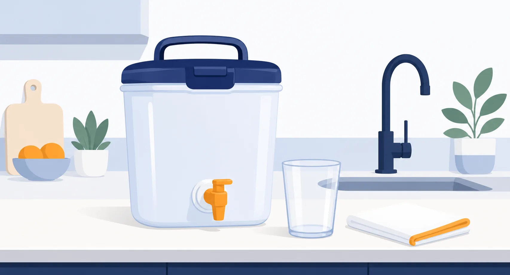 Contenitore idoneo all’acqua con rubinetto su un piano cucina