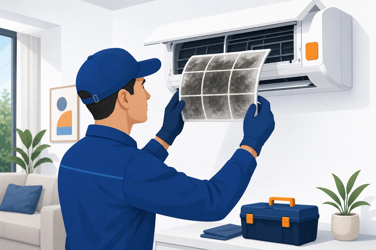 Tecnico professionista che ispeziona il filtro di un climatizzatore dopo esposizione al fumo