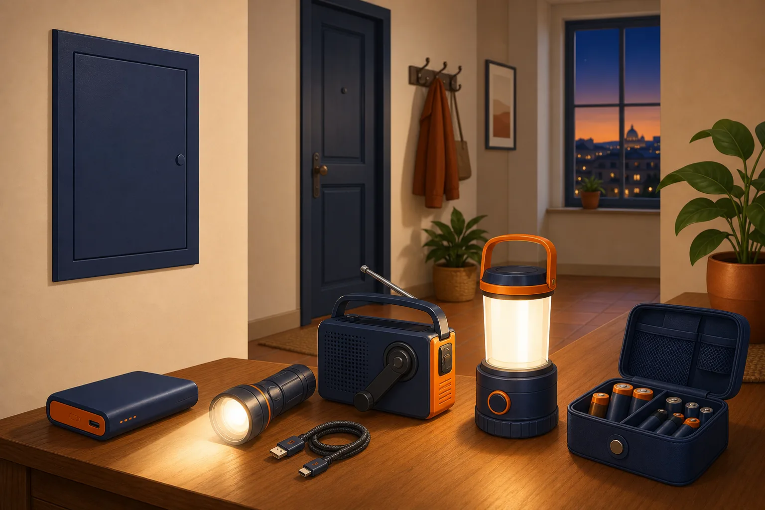 Mini powerbank, torcia LED, radio a manovella, lanterna e batterie di riserva pronti su un mobile durante il blackout