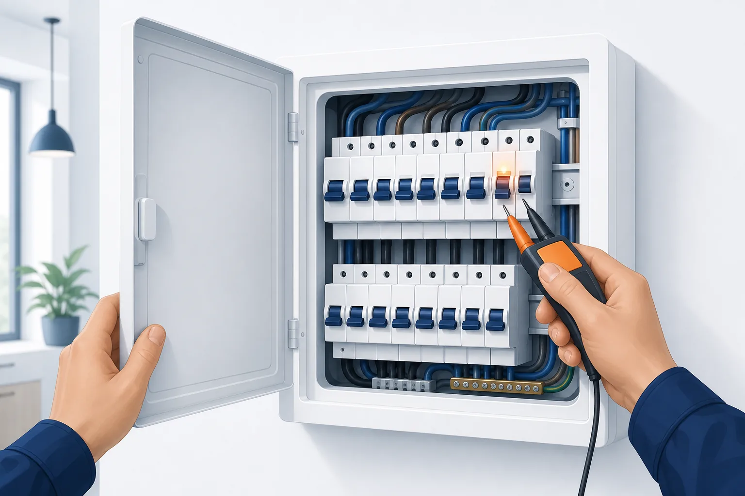 Elettricista professionista che verifica il quadro elettrico con strumento di misura