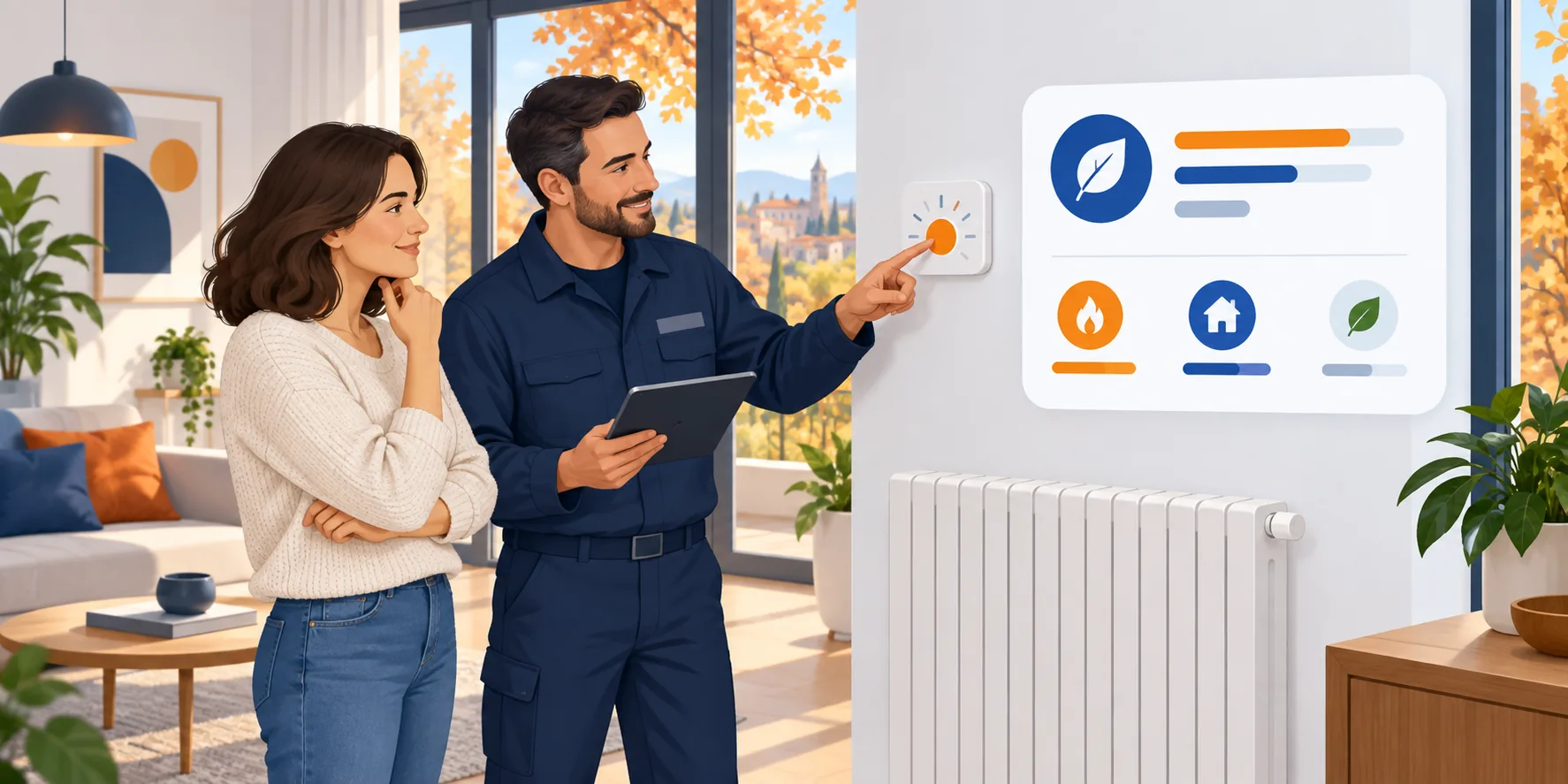 Tecnico e proprietaria controllano termostato e calendario prima dell'accensione del riscaldamento 2026