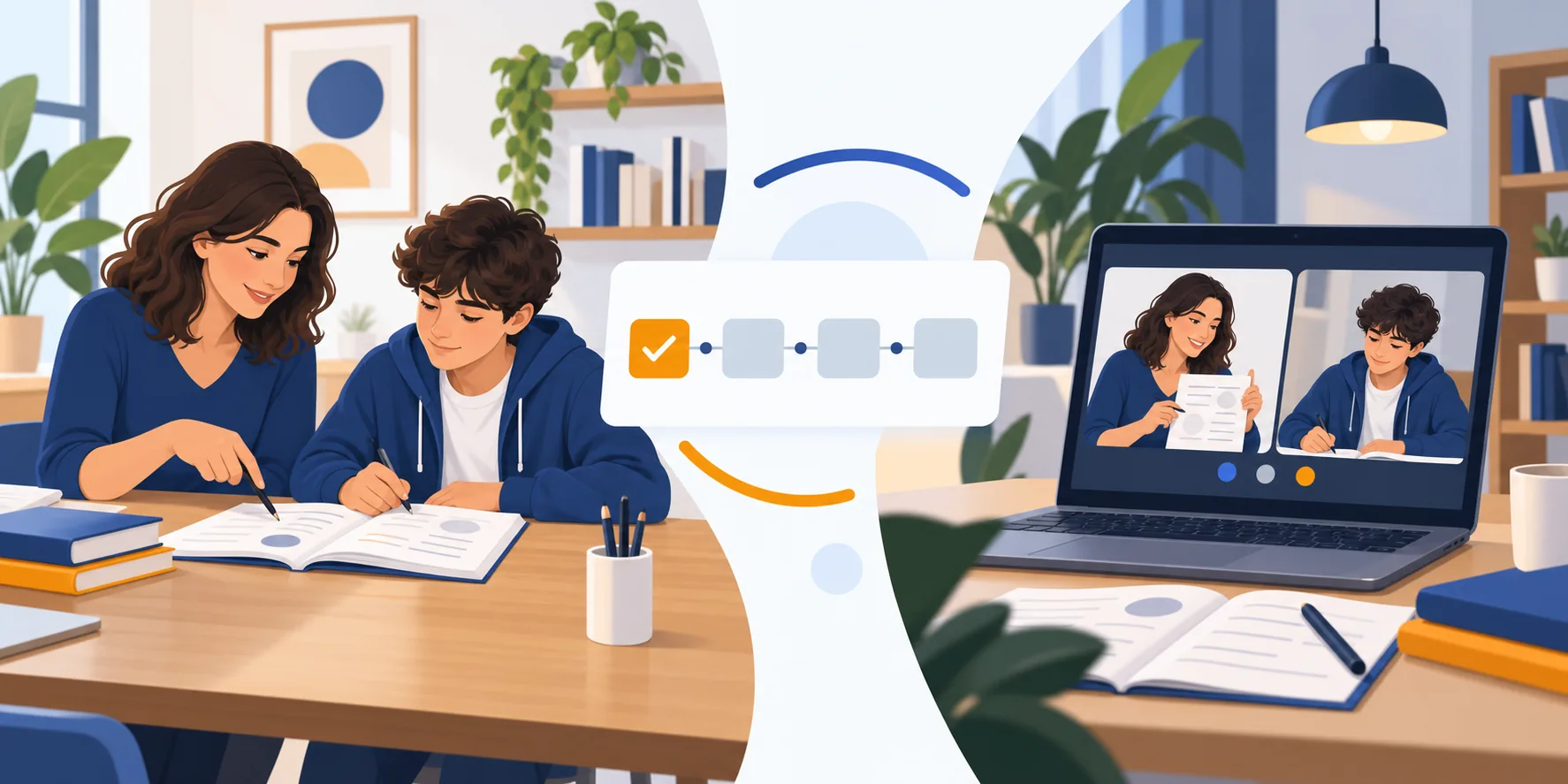 Tutor e studente confrontano ripetizioni online e in presenza con un piano settimanale