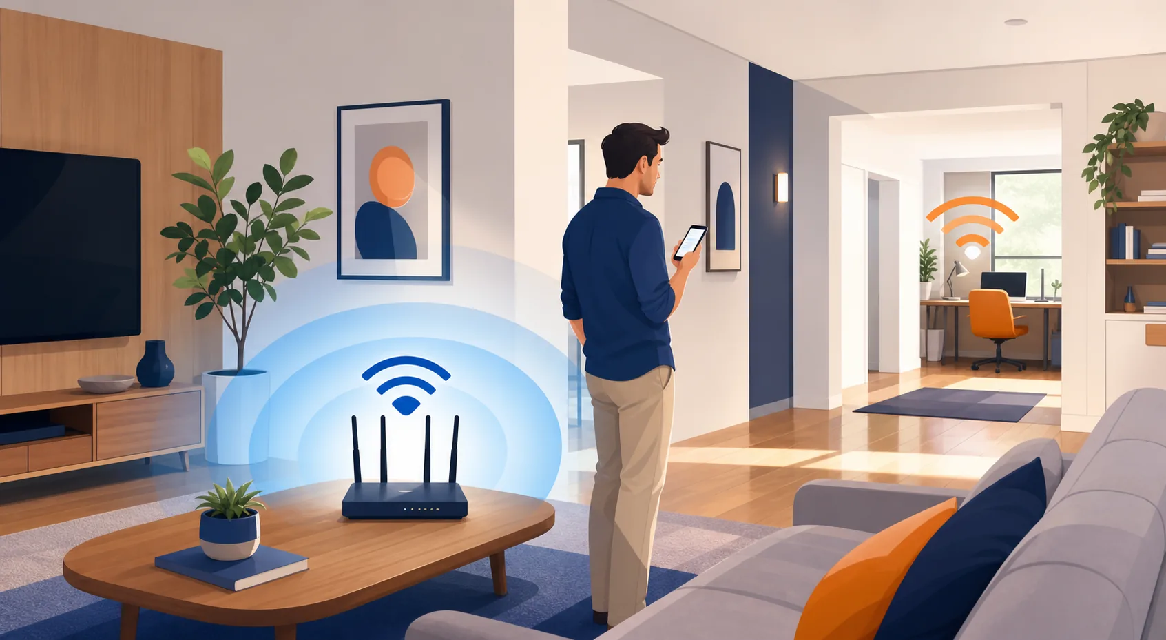 Persona verifica il segnale Wi-Fi tra il router in soggiorno e lo studio lontano