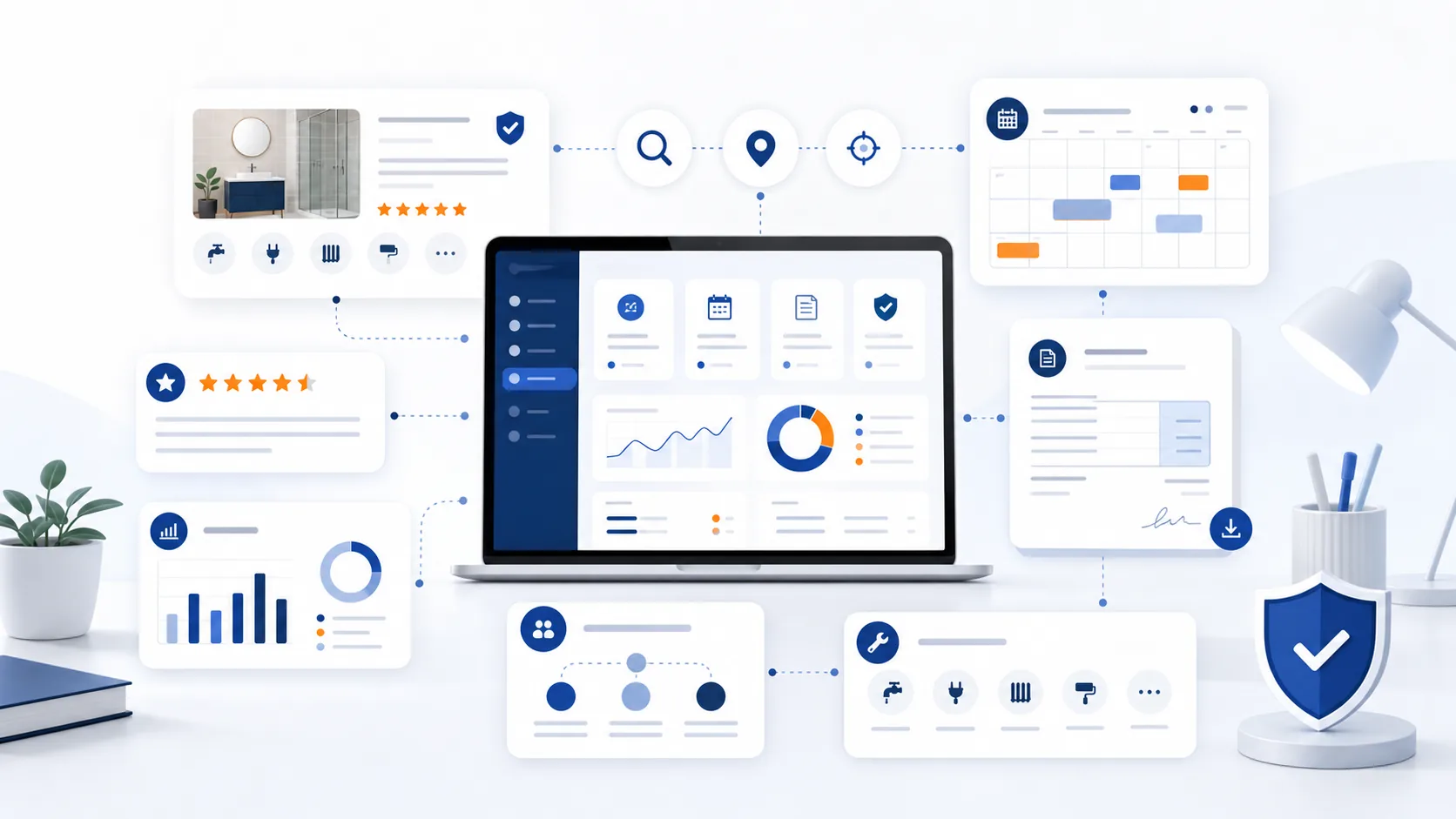 Strumenti TrovaPro collegati per visibilità online, calendario, preventivi, statistiche, recensioni e gestione del team.